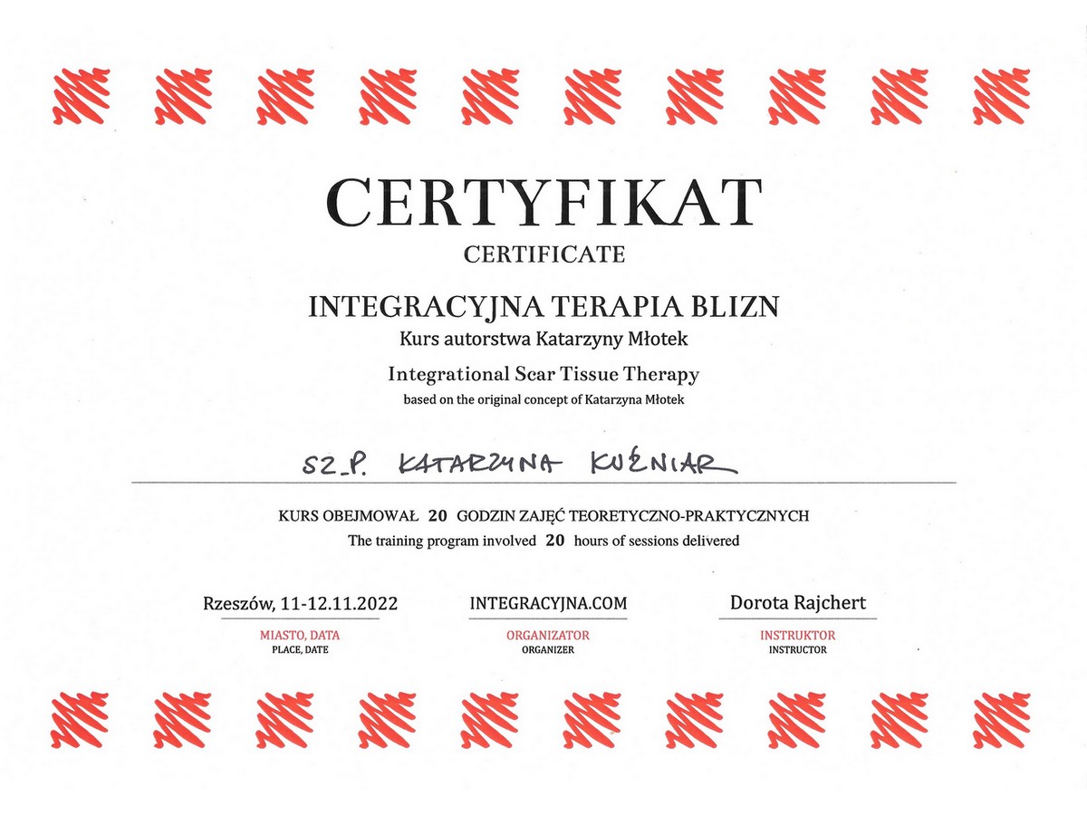 certyfikat - REFLEXO Katarzyna Kuźniar - integracyjna terapia blizn