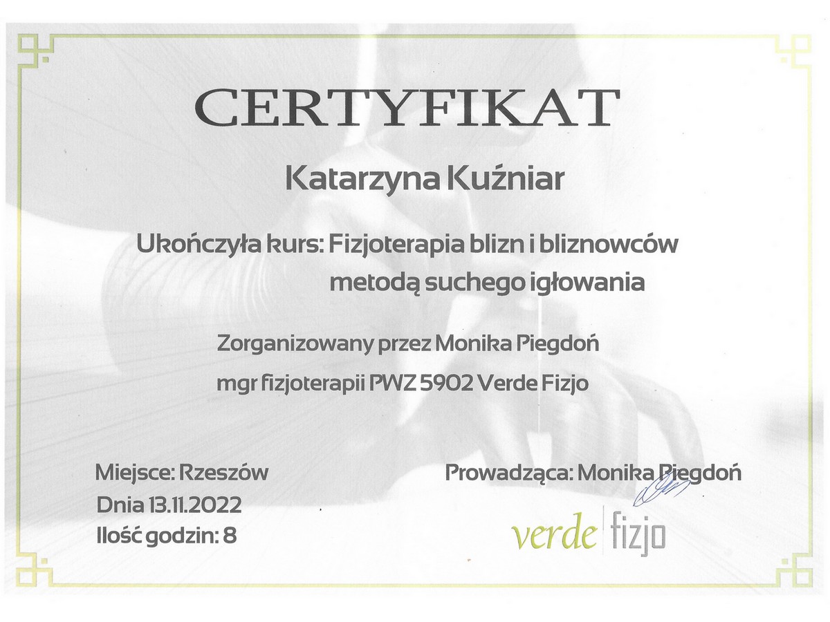 certyfikat - REFLEXO Katarzyna Kuźniar - fizjoterapia blizn i bliznowców metodą suchego igłowania