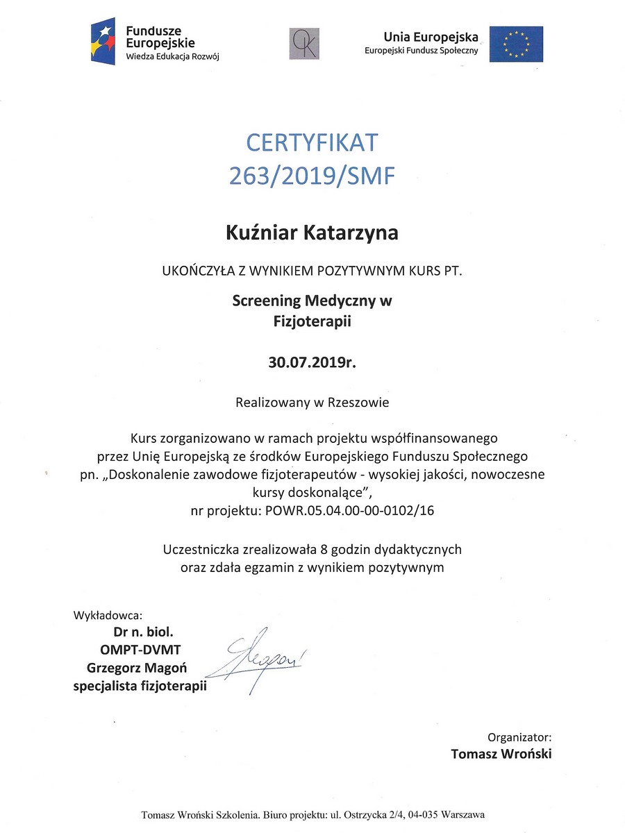 Certyfikat - REFLEXO Katarzyna Kuźniar - Screening medyczny w fizjoterapii