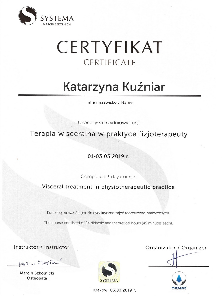 Certyfikat - REFLEXO Katarzyna Kuźniar - Terapia wisceralna w praktyce fizjoterapeuty