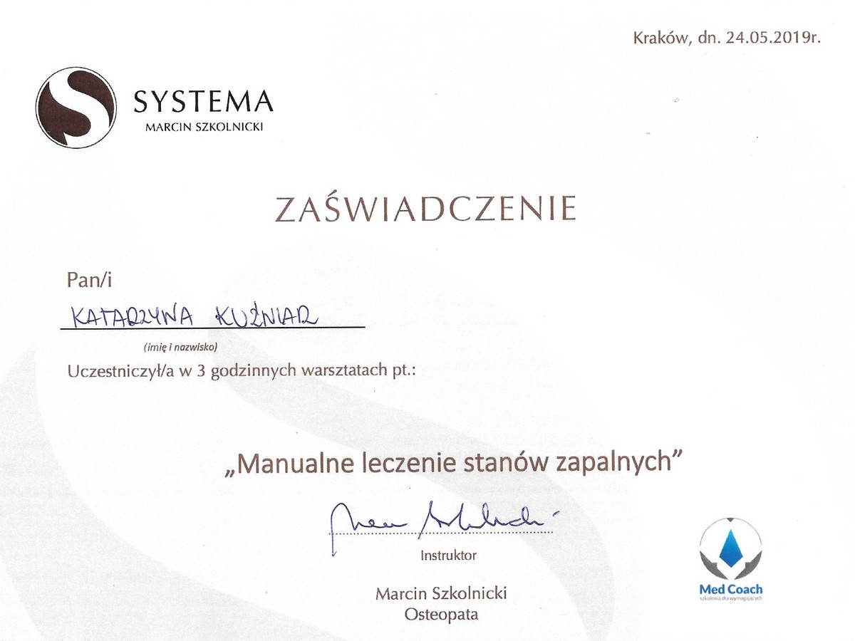 Certyfikat - REFLEXO Katarzyna Kuźniar - Manualne leczenie stanów zapalnych