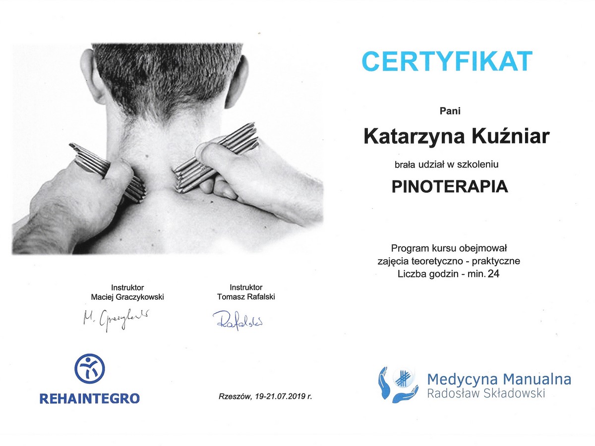 Certyfikat - REFLEXO Katarzyna Kuźniar - Pinoterapia